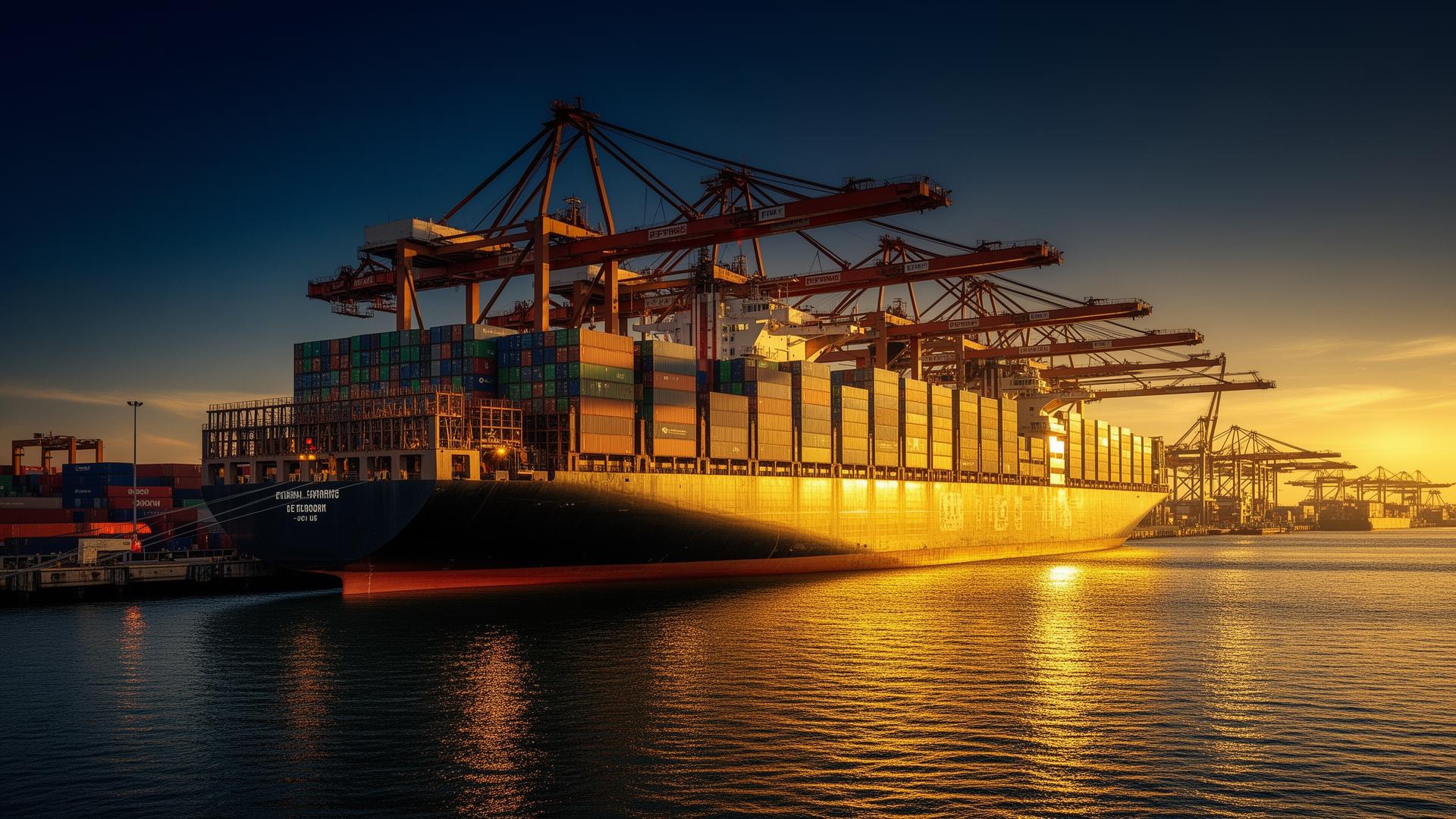 Cargo ship at port at sunset